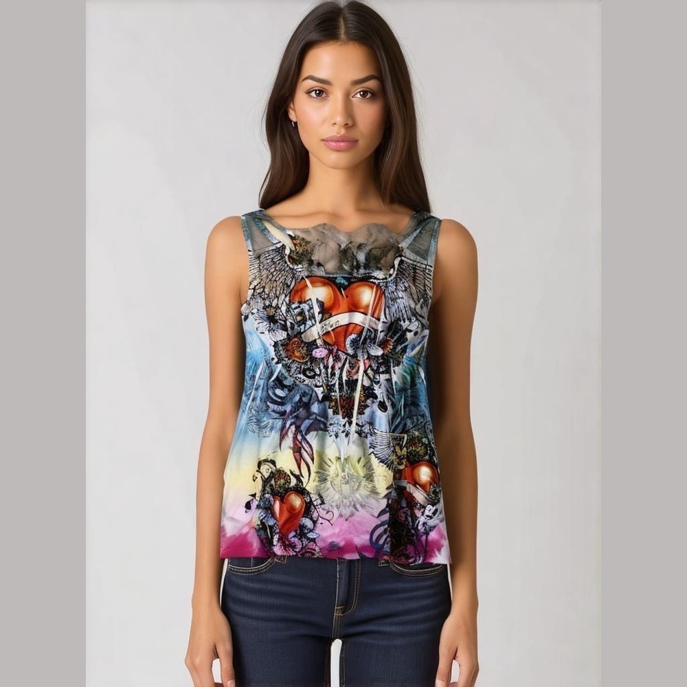 Body Central Multicolor Tattoo Graphic Tank Top Shirt Tee Size Medium Lace Back